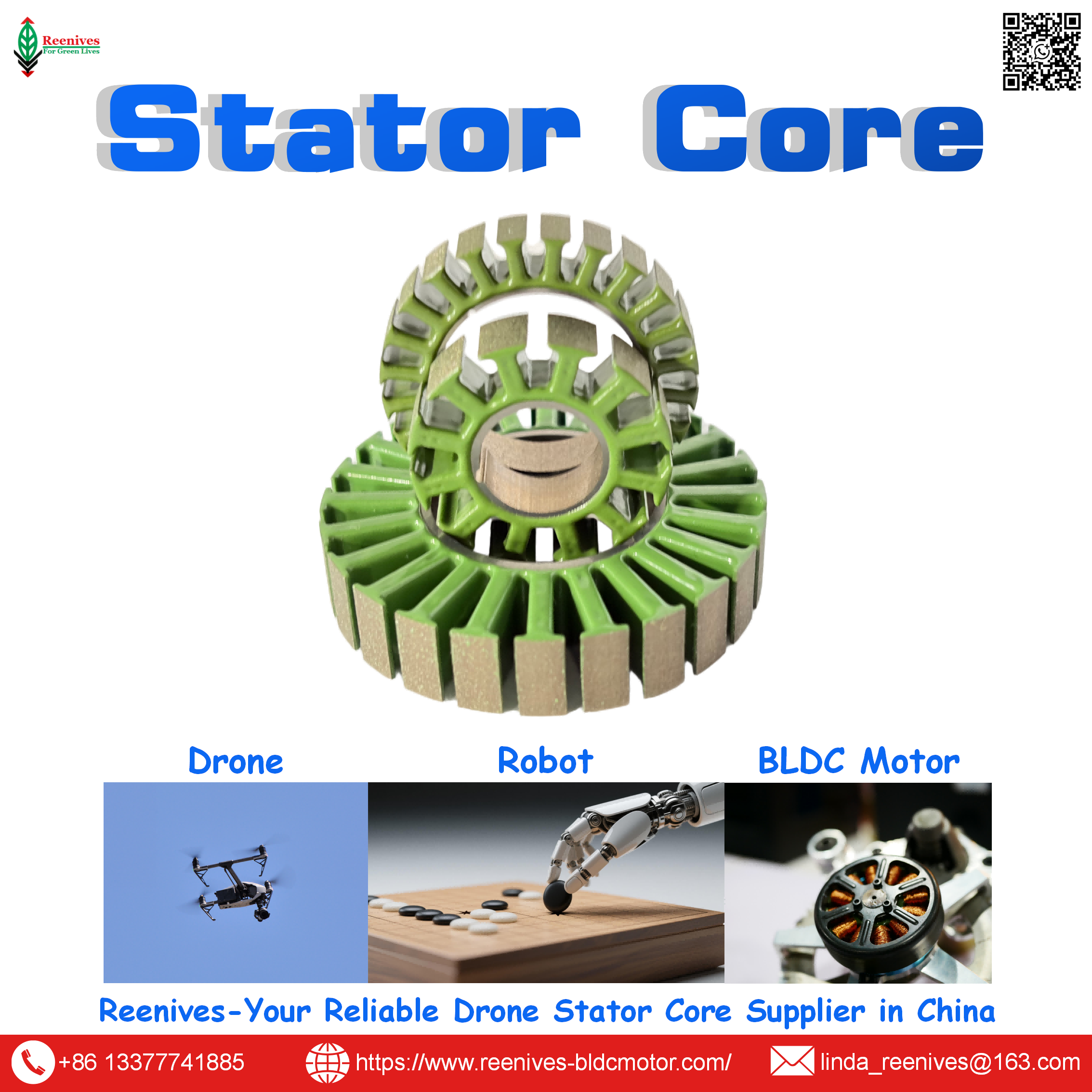 Motor stator stamping by Reenives — high-speed dies, low burr, epoxy coated. Free samples.